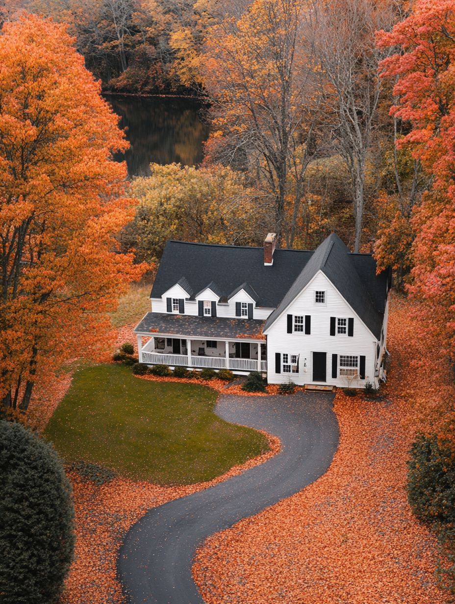 A white two-story house with a front porch sits among orange autumn trees, with fallen leaves covering the winding driveway and yard.