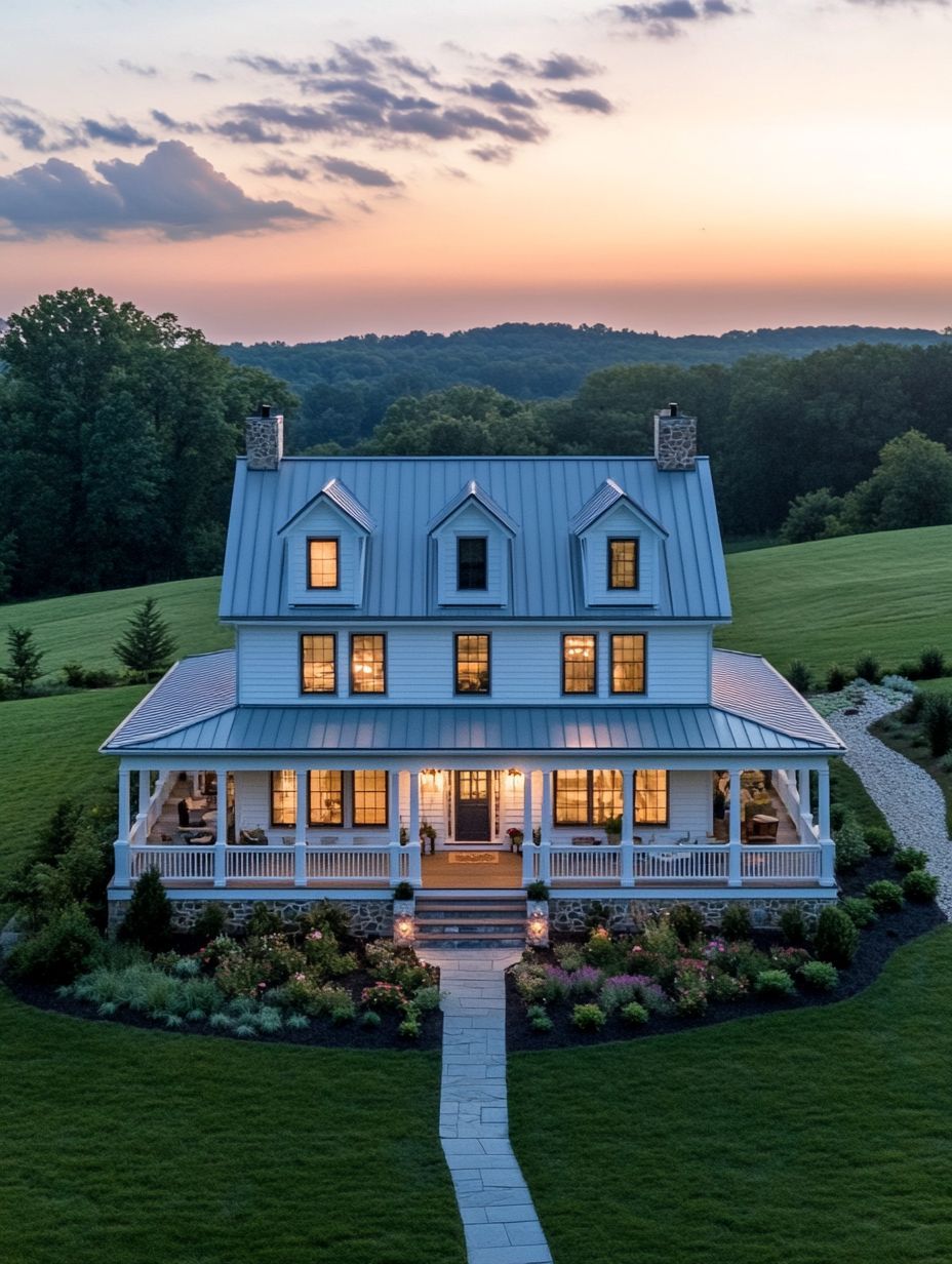 A large, three-story white farmhouse with a metal roof sits amid green lawns and gardens at sunset, with lights glowing inside and a stone path leading to the front porch.