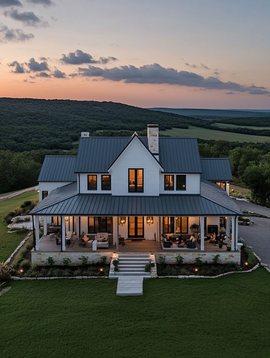 A modern farmhouse with a large porch, metal roof, and outdoor seating area, set on a green lawn with a scenic landscape at sunset.