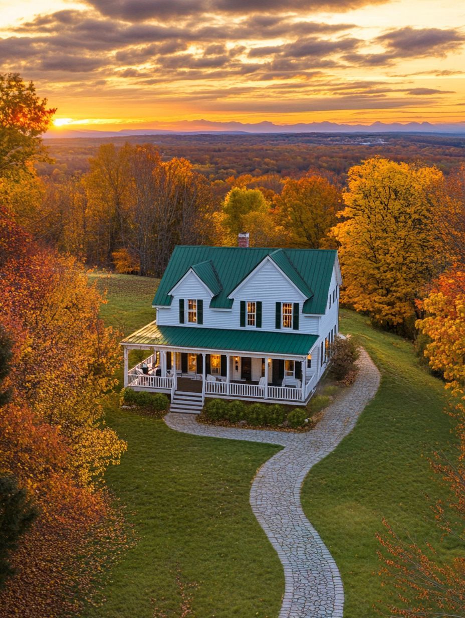 A white house with a green roof sits amid autumn trees, with a curved stone path leading to the porch, under a dramatic sunset sky.