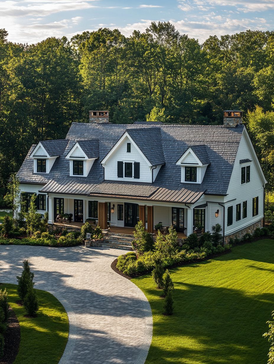 A large white two-story house with dormer windows, a covered front porch, and a curved driveway, surrounded by green lawn and trees.