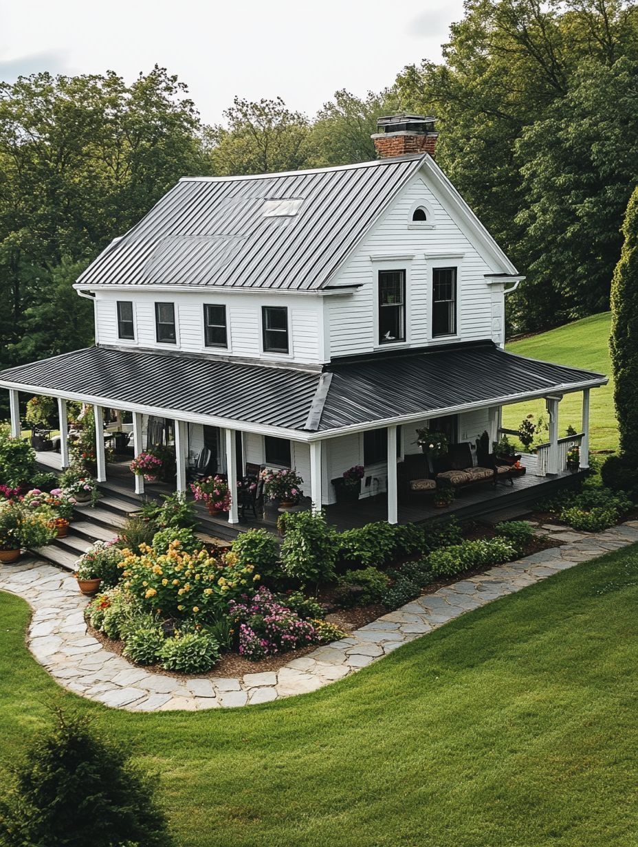 A white two-story house with a metal roof and a wraparound porch, surrounded by a landscaped garden and green lawn, set among trees.