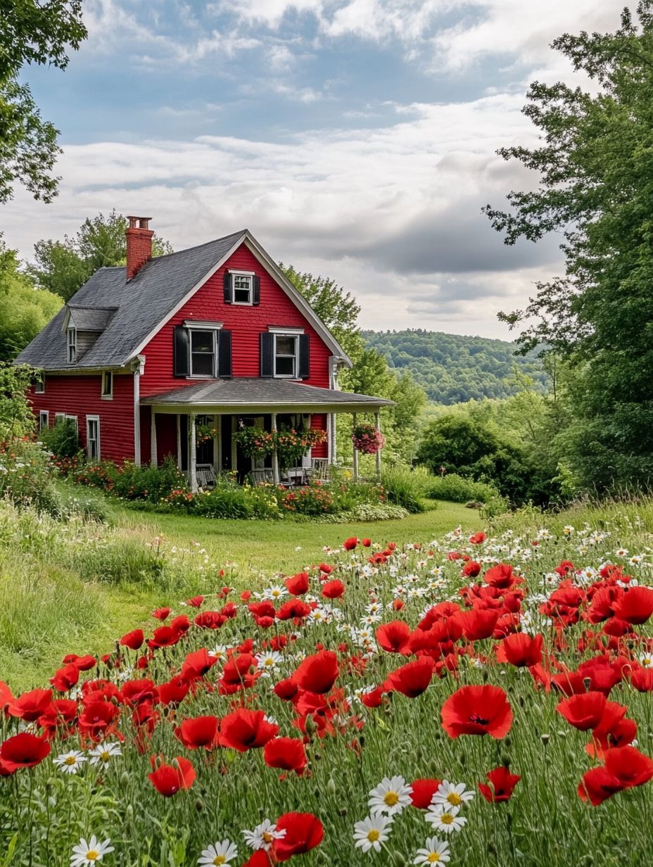 A red house with a front porch sits among green trees and hills, with a field of red poppies and white daisies in the foreground under a partly cloudy sky.