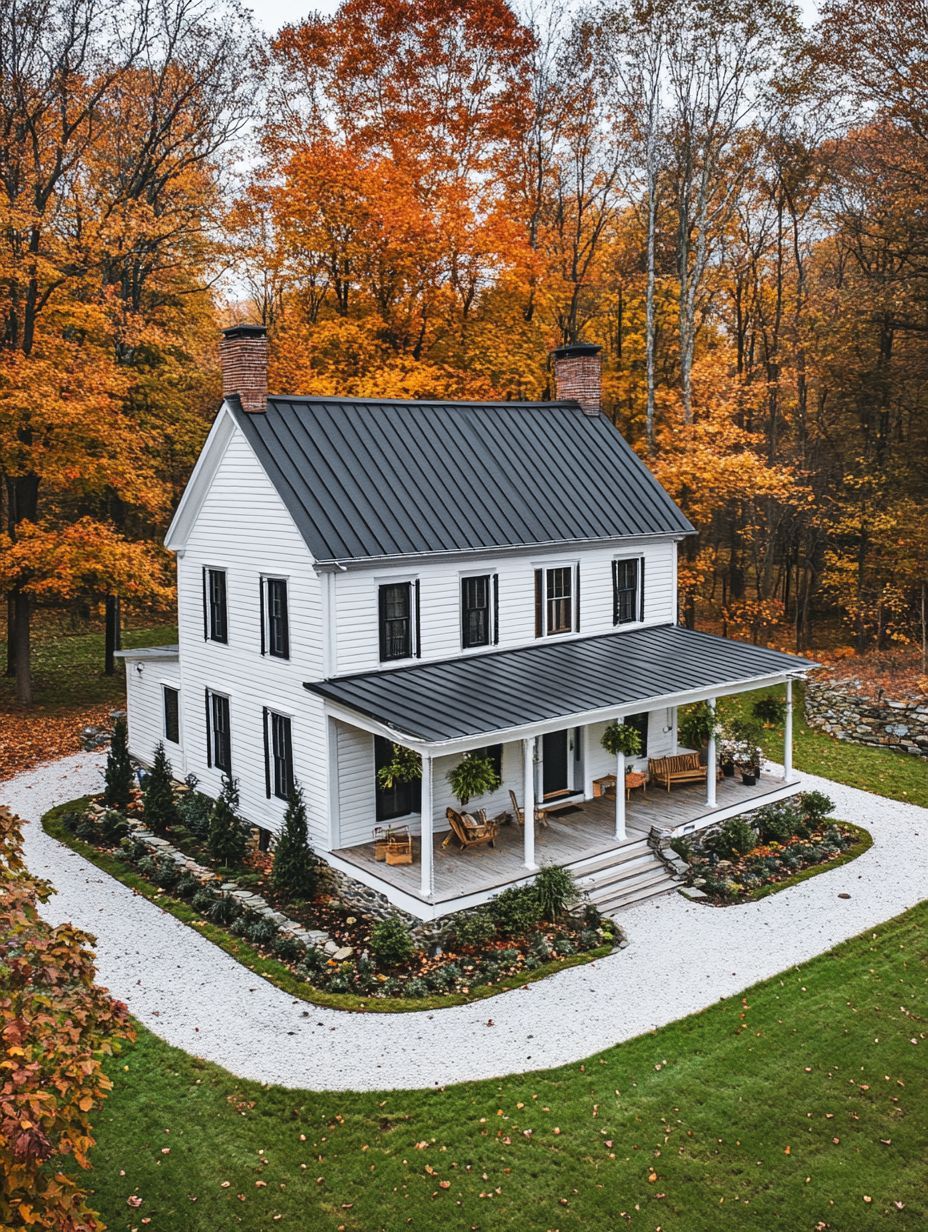 A white two-story house with a black metal roof sits among autumn trees, surrounded by a gravel driveway and neatly landscaped yard.