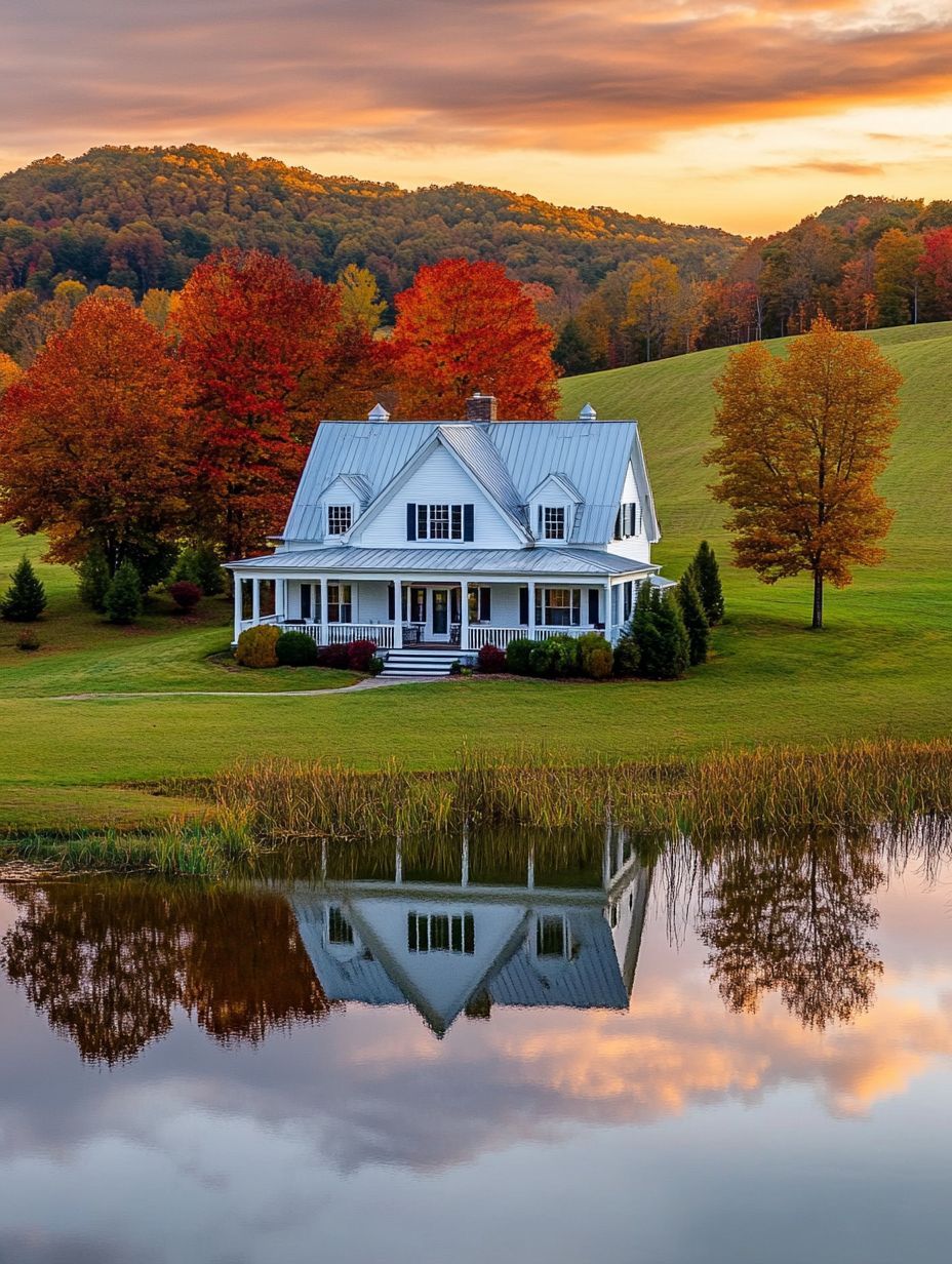 A white house with a wraparound porch sits on a green lawn by a pond, surrounded by autumn trees and hills under a colorful sunset sky.