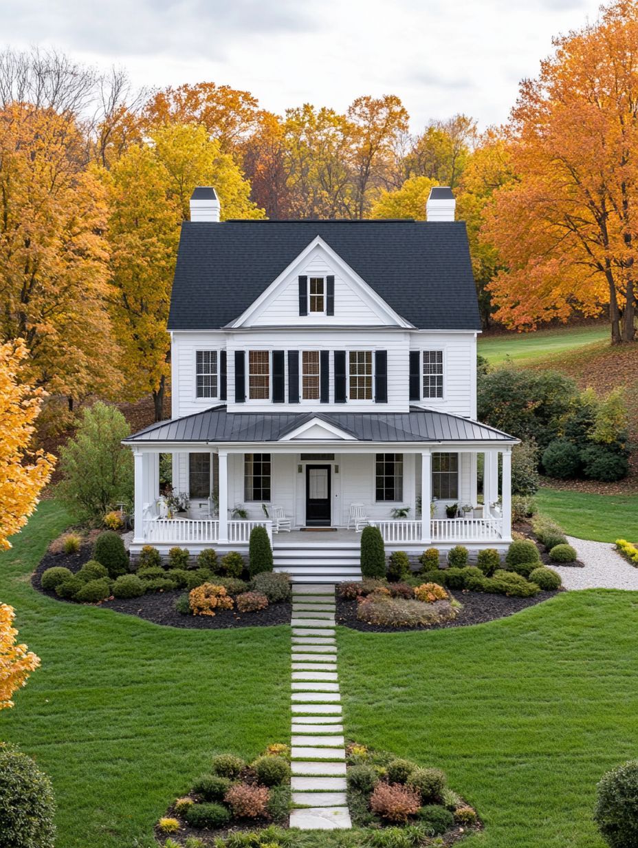 A white two-story house with black shutters and a covered porch, surrounded by manicured lawns and autumn trees with colorful foliage.