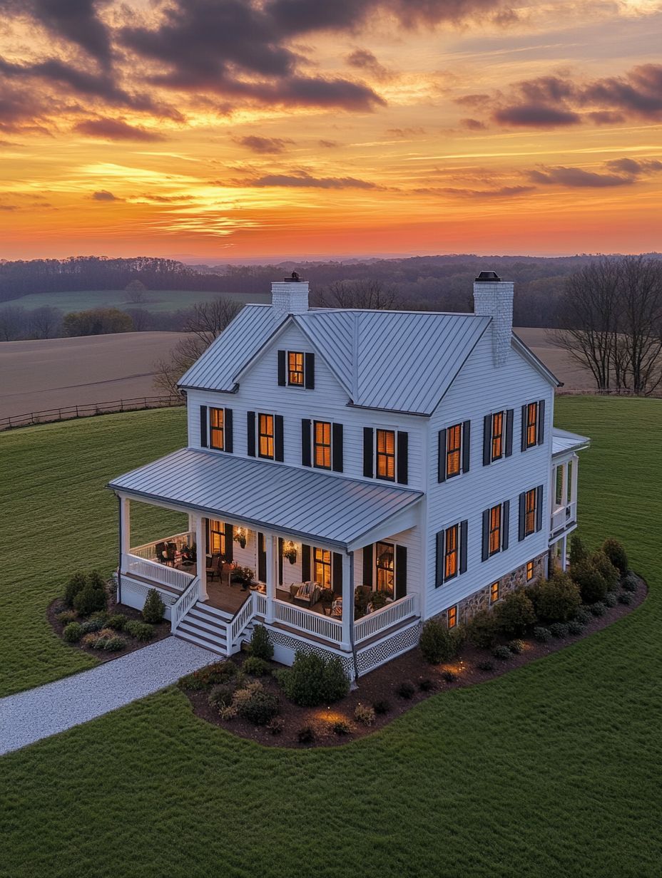 A white two-story farmhouse with a wraparound porch is lit warmly inside at sunset, surrounded by green lawn and open fields.