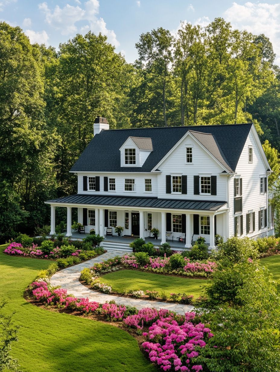 Two-story white house with black shutters, a front porch, and a curved stone walkway surrounded by well-manicured green lawn and blooming pink flowers, set among tall trees.