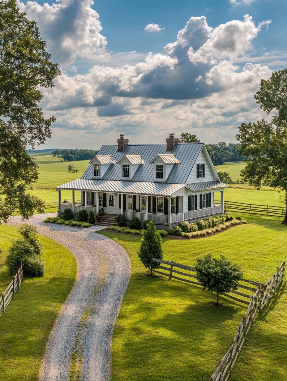 A white farmhouse with a metal roof and wraparound porch sits on a grassy lot, surrounded by a gravel driveway, trees, and wooden fences under a partly cloudy sky.
