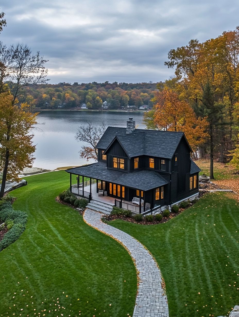 A black house with a wraparound porch sits beside a lake, surrounded by green lawn, fall trees, and a curved stone walkway.