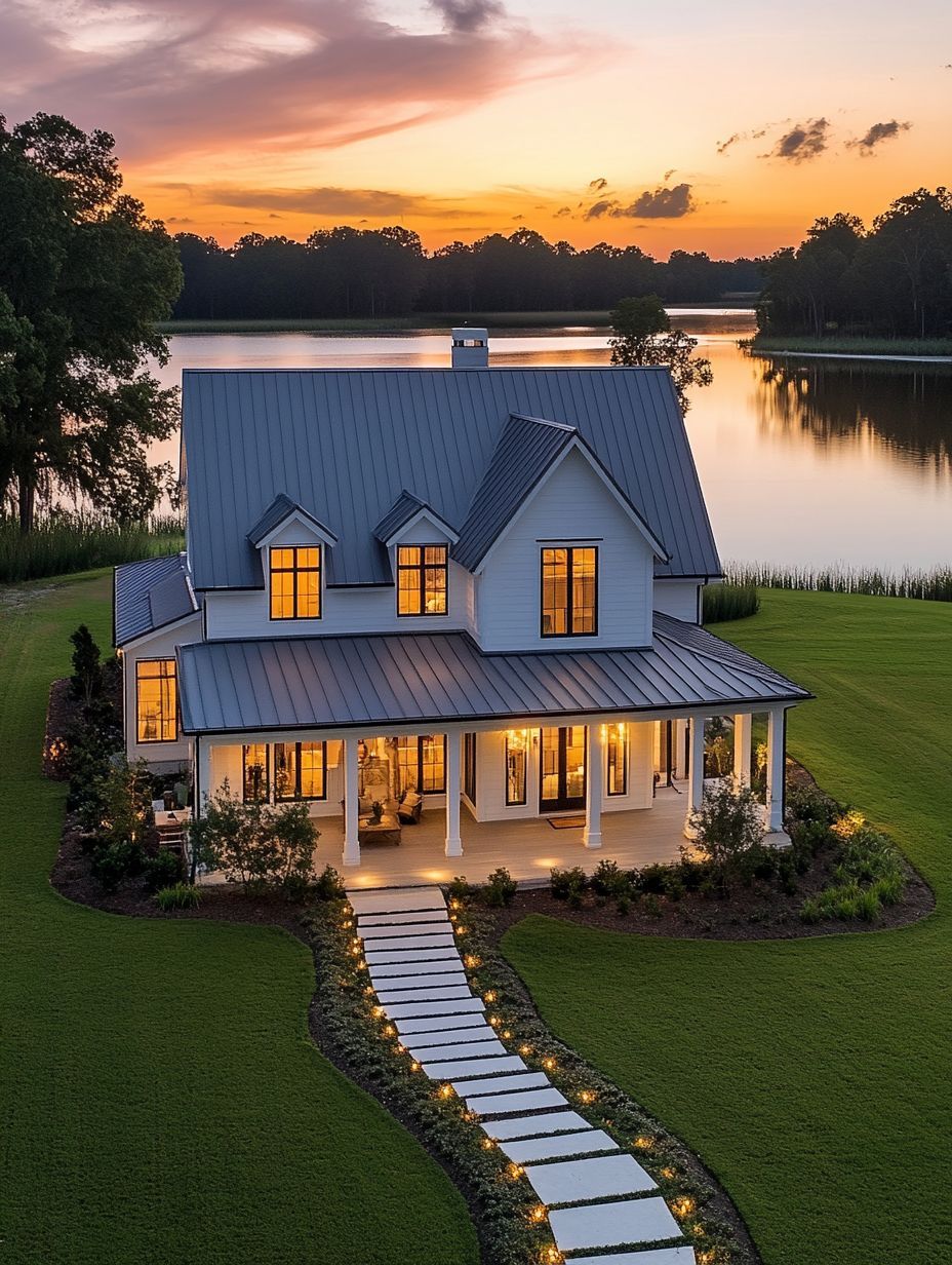 A modern farmhouse with large windows and wraparound porch sits beside a lake at sunset, with a lit stone pathway leading to the entrance through neatly manicured lawn.