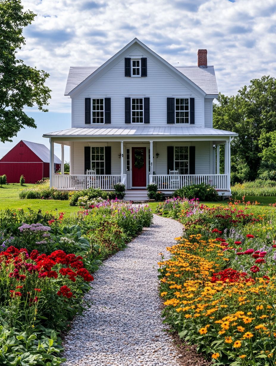 A white two-story farmhouse with a front porch, black shutters, and a red door, surrounded by flower gardens and a gravel path, with a red barn in the background.