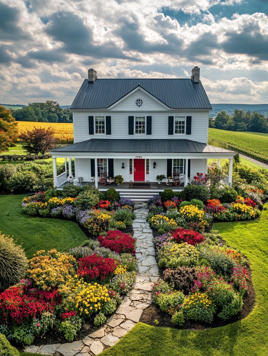 A two-story white house with a red door and black shutters is surrounded by lush, colorful flower gardens and a stone pathway, set in a rural landscape under a partly cloudy sky.
