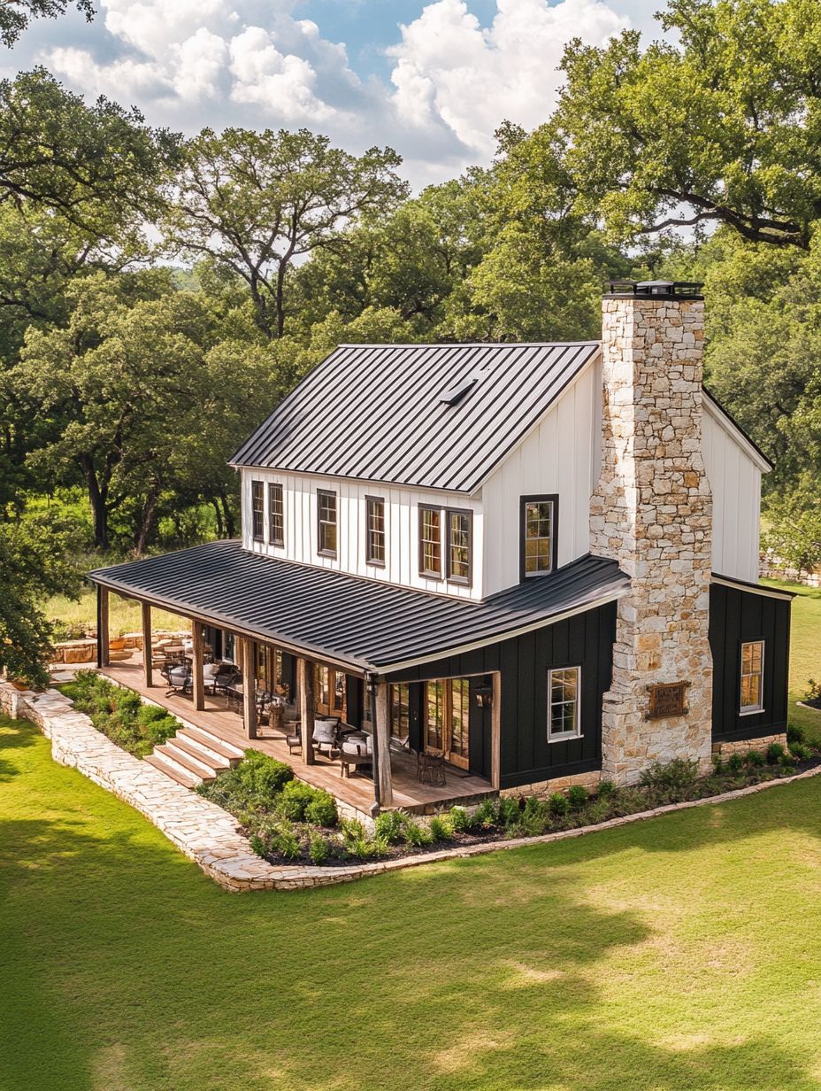 Two-story modern farmhouse with a black metal roof, white and black exterior, stone chimney, and wraparound porch, surrounded by green lawn and trees.