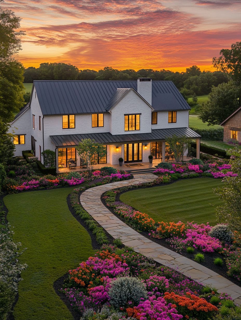 Two-story white house with large windows, a dark roof, and a stone pathway through a vibrant, landscaped garden at sunset.