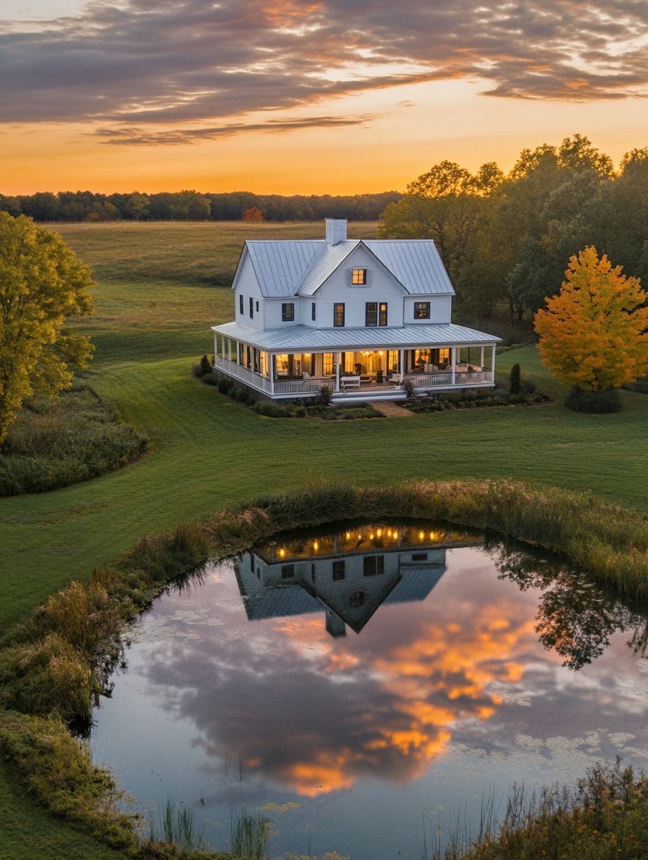 A white farmhouse with a wraparound porch sits beside a pond that reflects the house and colorful sunset sky, surrounded by grassy fields and trees.