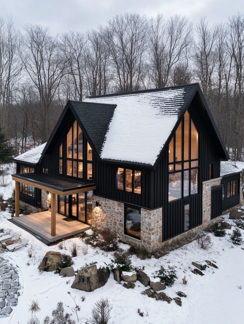 A modern two-story house with large glass windows, black siding, and stone accents sits in a snowy landscape surrounded by leafless trees.