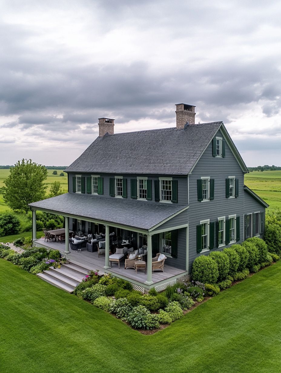 A two-story dark gray farmhouse with green shutters, a wraparound porch, and manicured landscaping, set in a rural area under a cloudy sky.
