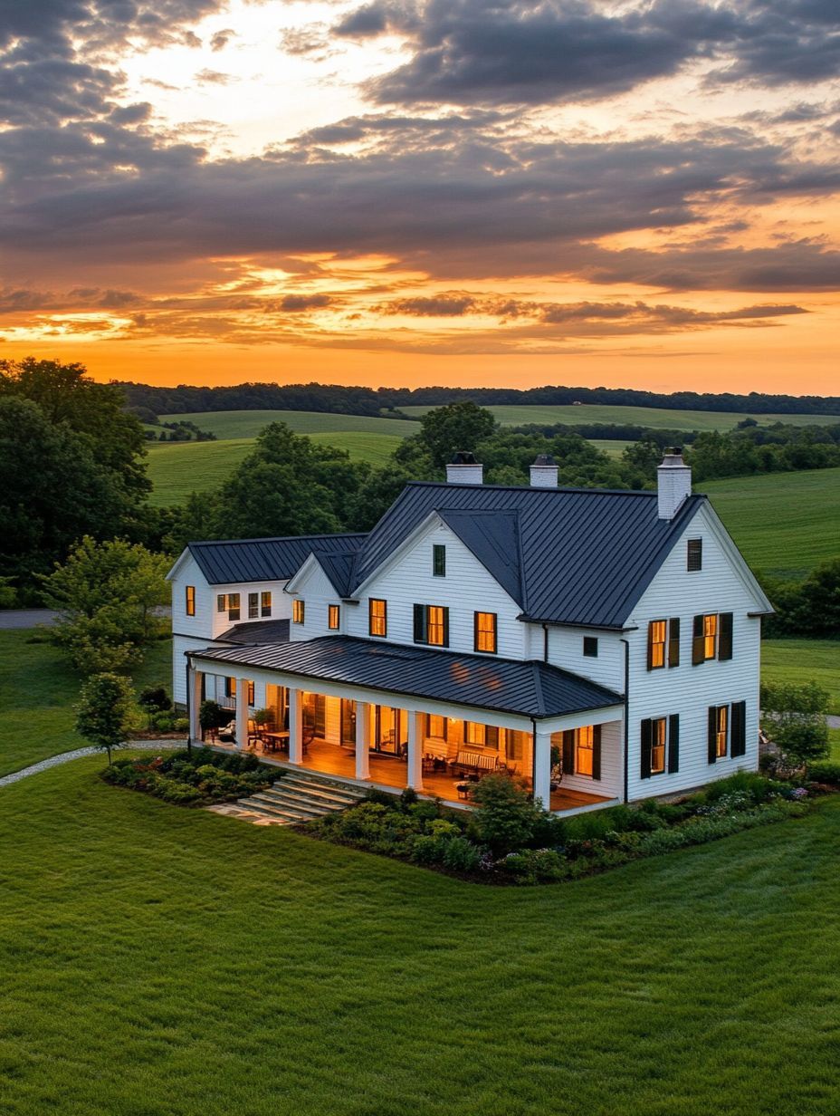 A white two-story house with a dark roof sits in a green field at sunset, with lights on inside and a covered porch wrapping around the front.