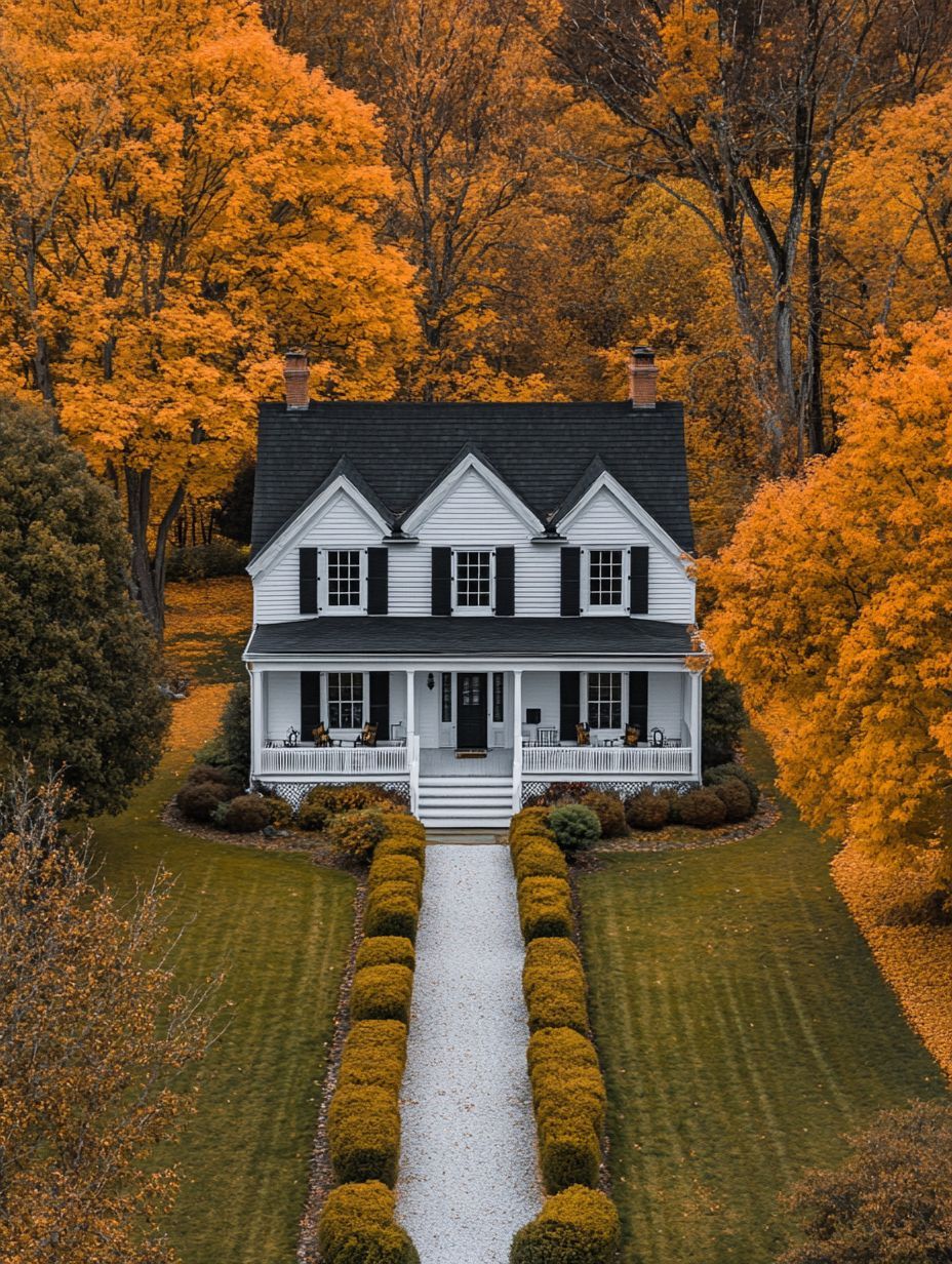 A white two-story house with black shutters sits at the end of a gravel path, surrounded by neatly trimmed hedges and autumn trees with bright orange foliage.
