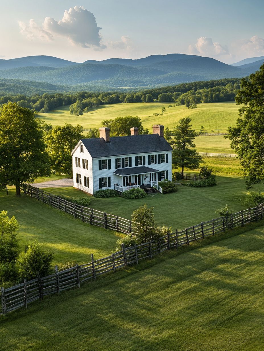 A white two-story house with a black roof and two chimneys sits in a fenced yard, surrounded by green fields and trees, with mountains in the background.