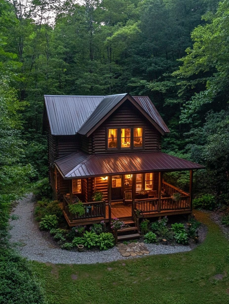 A two-story log cabin with warm lights on, surrounded by dense green trees and a gravel path, viewed from above at dusk.