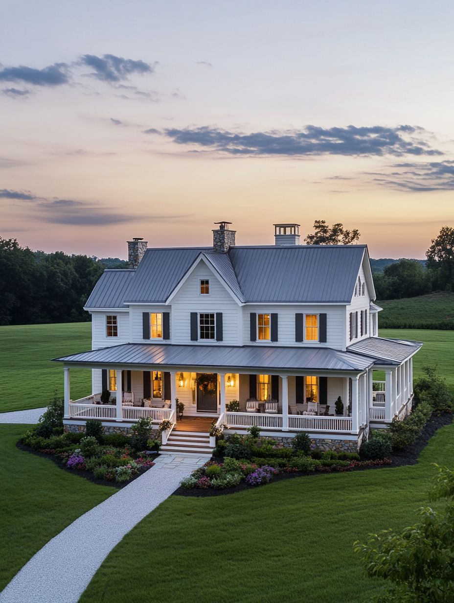 A large white farmhouse with a wraparound porch and metal roof sits on a manicured lawn at sunset, surrounded by gardens and open fields.