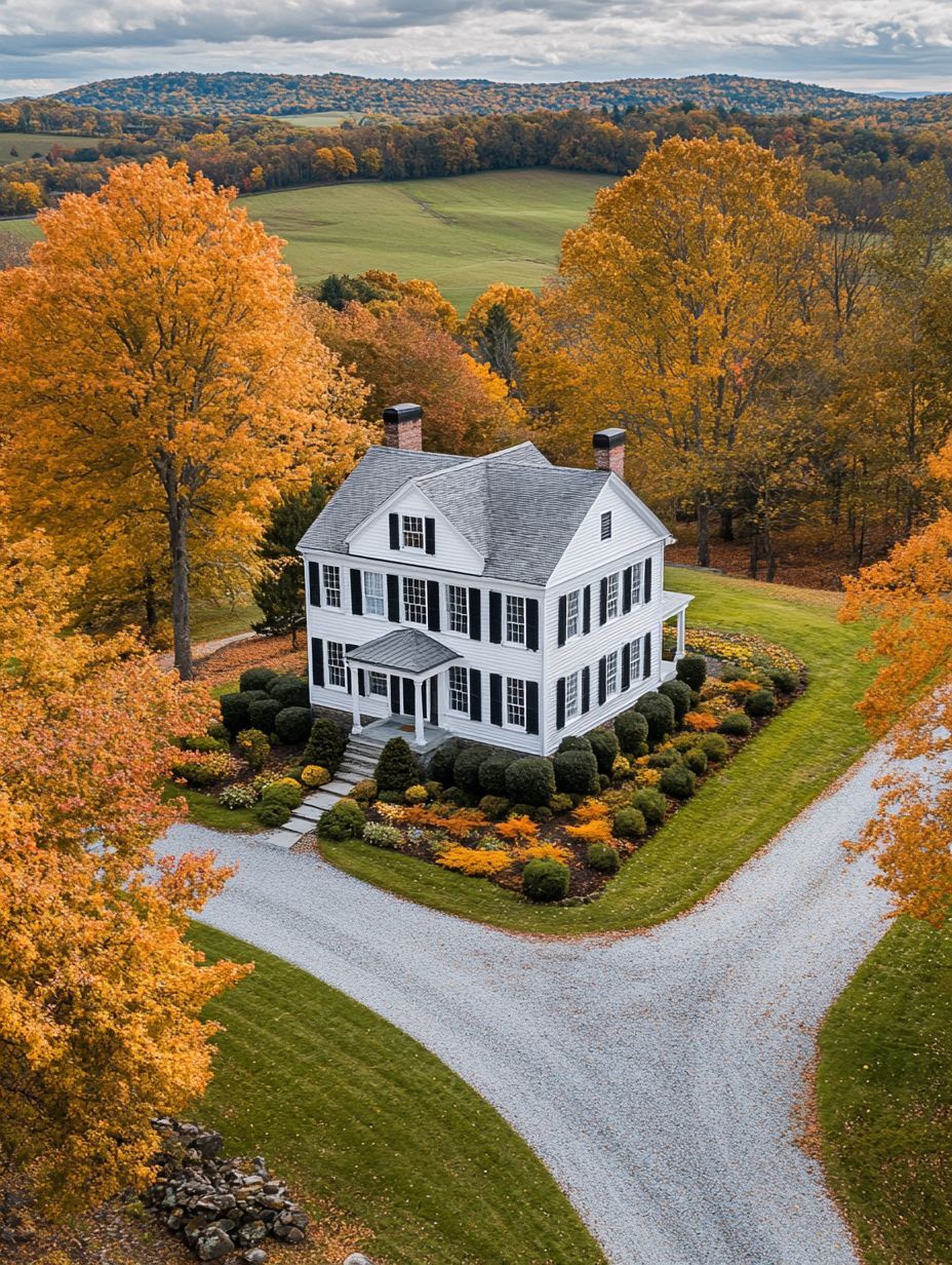 Aerial view of a white two-story house with black shutters, surrounded by autumn trees, green lawn, and a curved gravel driveway in a rural landscape.