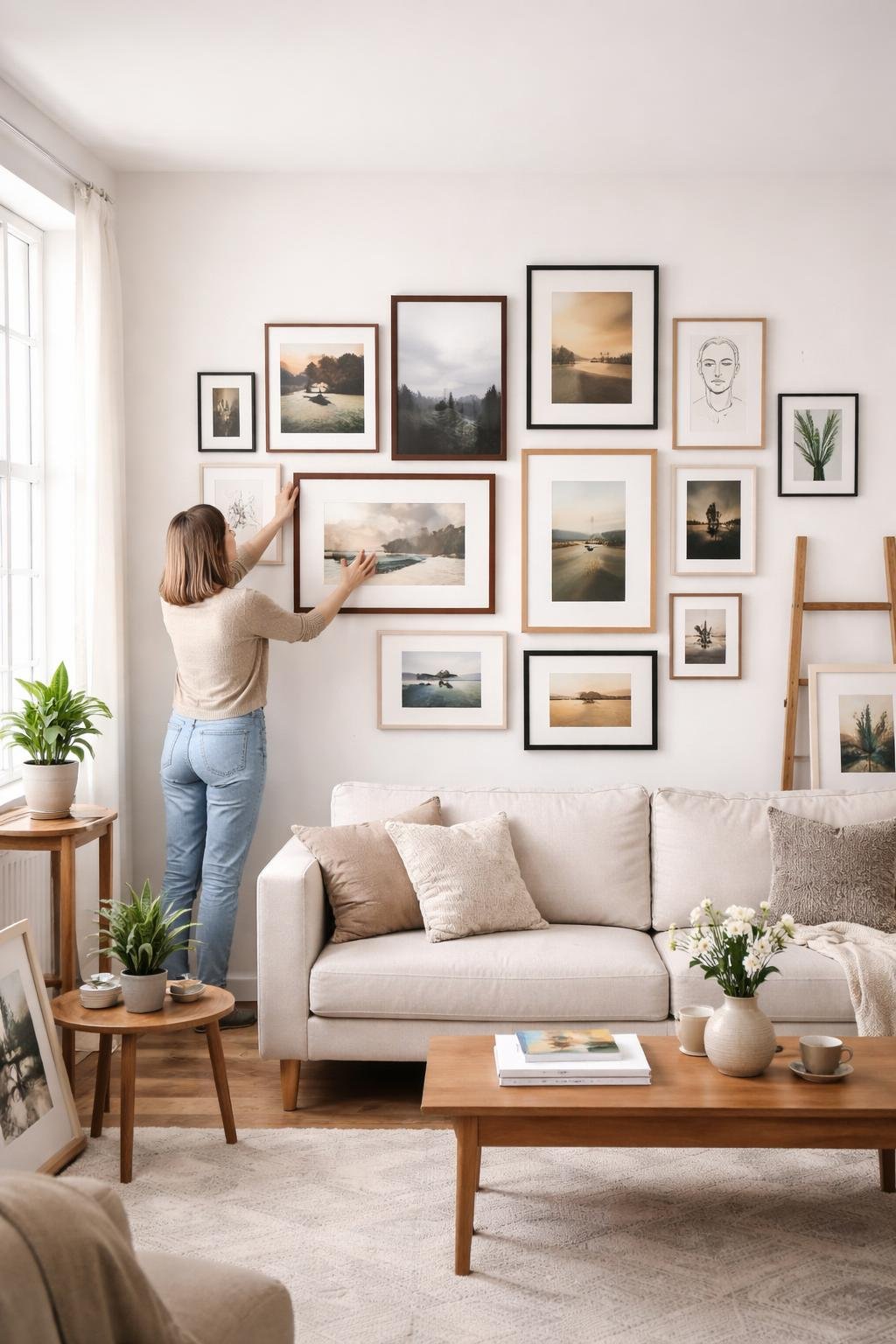 A woman arranges framed artwork on a gallery wall above a beige sofa in a bright, modern living room with wooden furniture and houseplants.