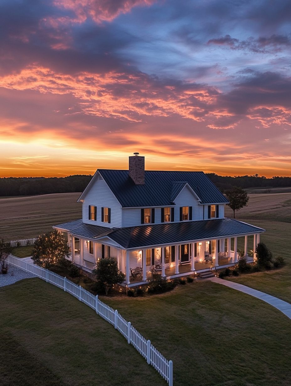 A two-story white house with a wraparound porch and black roof sits in a field at sunset, surrounded by a white picket fence and illuminated by warm porch lights.