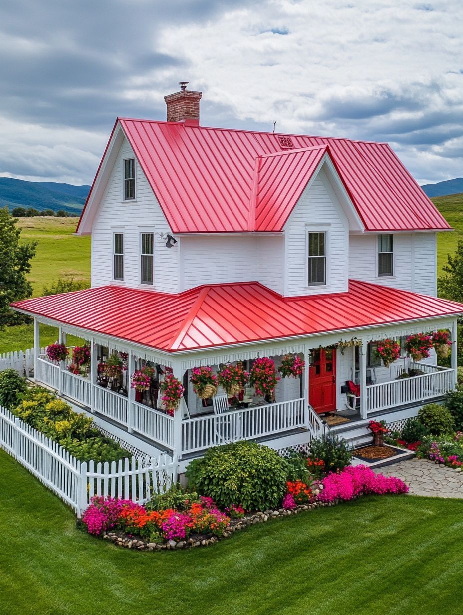 A white two-story house with a red metal roof, wraparound porch, hanging flower baskets, white picket fence, and a well-kept lawn with colorful garden beds.