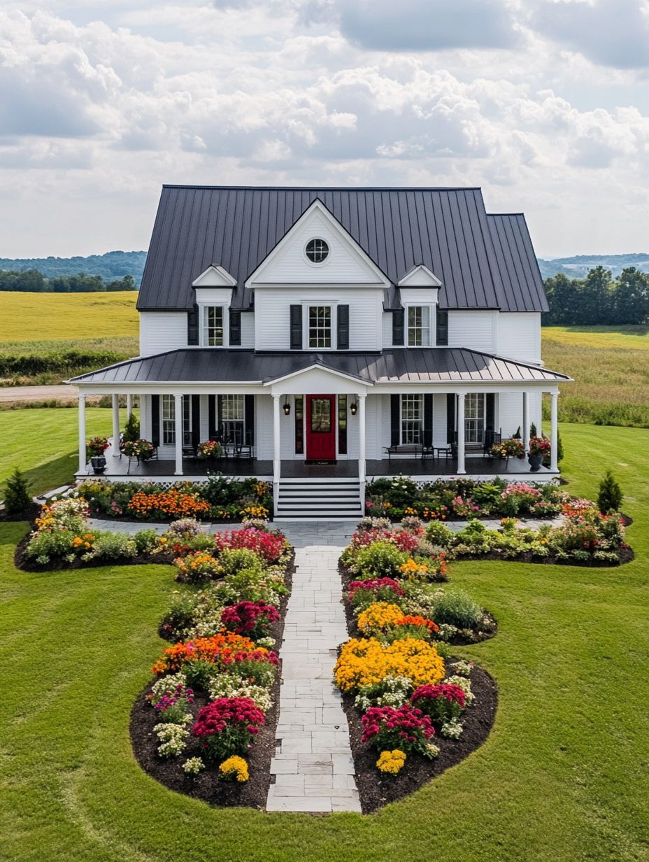 A white two-story house with a red door and wraparound porch, surrounded by vibrant flower beds and a neatly mowed lawn under a partly cloudy sky.