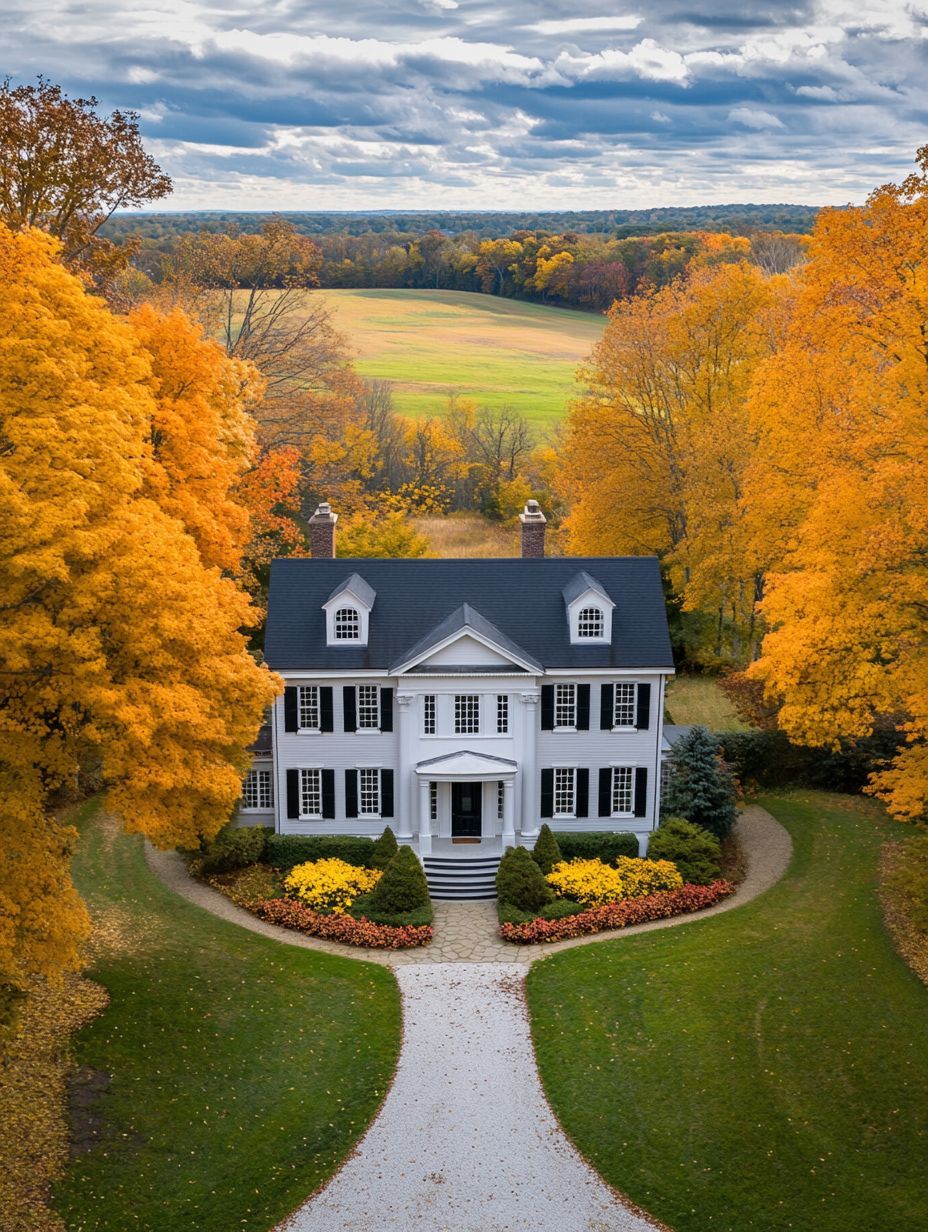 A white two-story house with black shutters sits among vibrant autumn trees, with a curved driveway and landscaped yard. A field and forest are visible in the background under a cloudy sky.