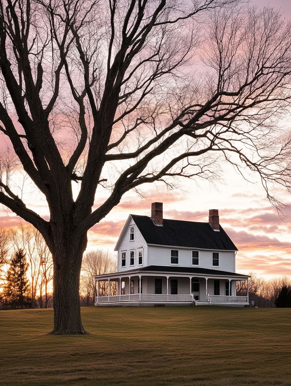 A large leafless tree stands in front of a two-story white house with a wraparound porch, set on a grassy lawn at sunset.