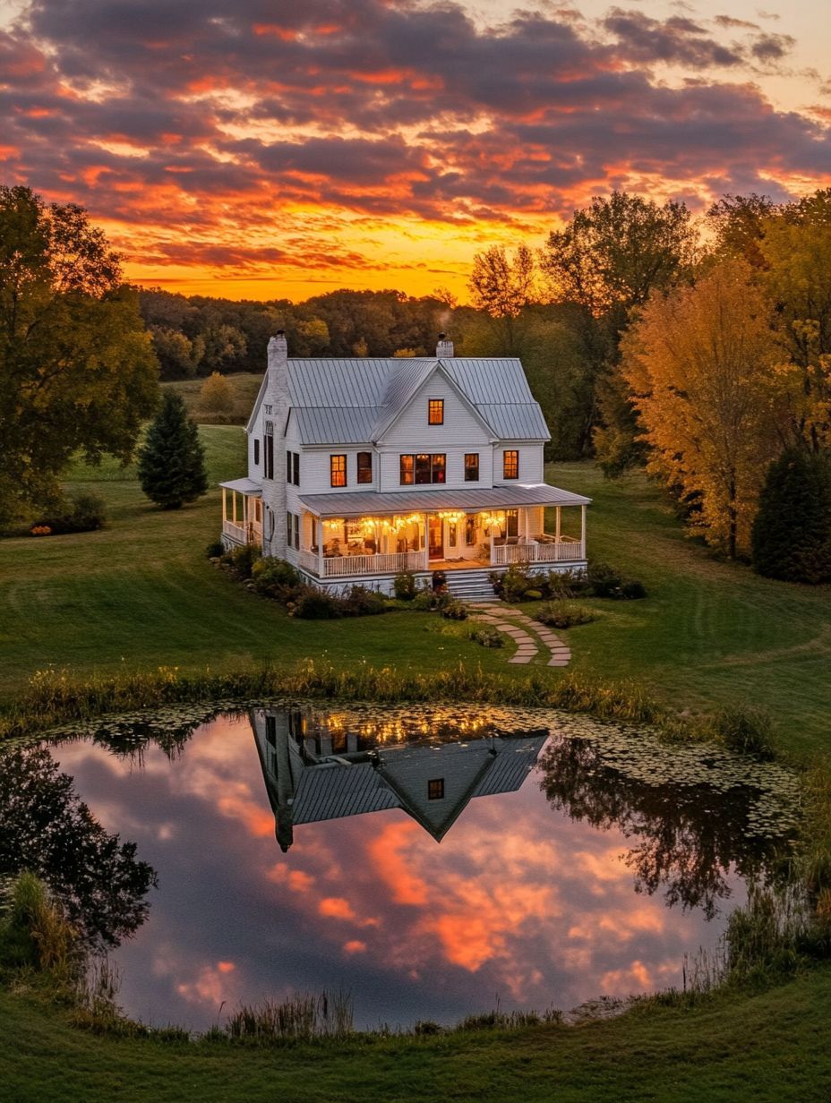 A white two-story house with a porch sits by a small pond reflecting the house and a colorful sunset sky, surrounded by green grass and autumn trees.