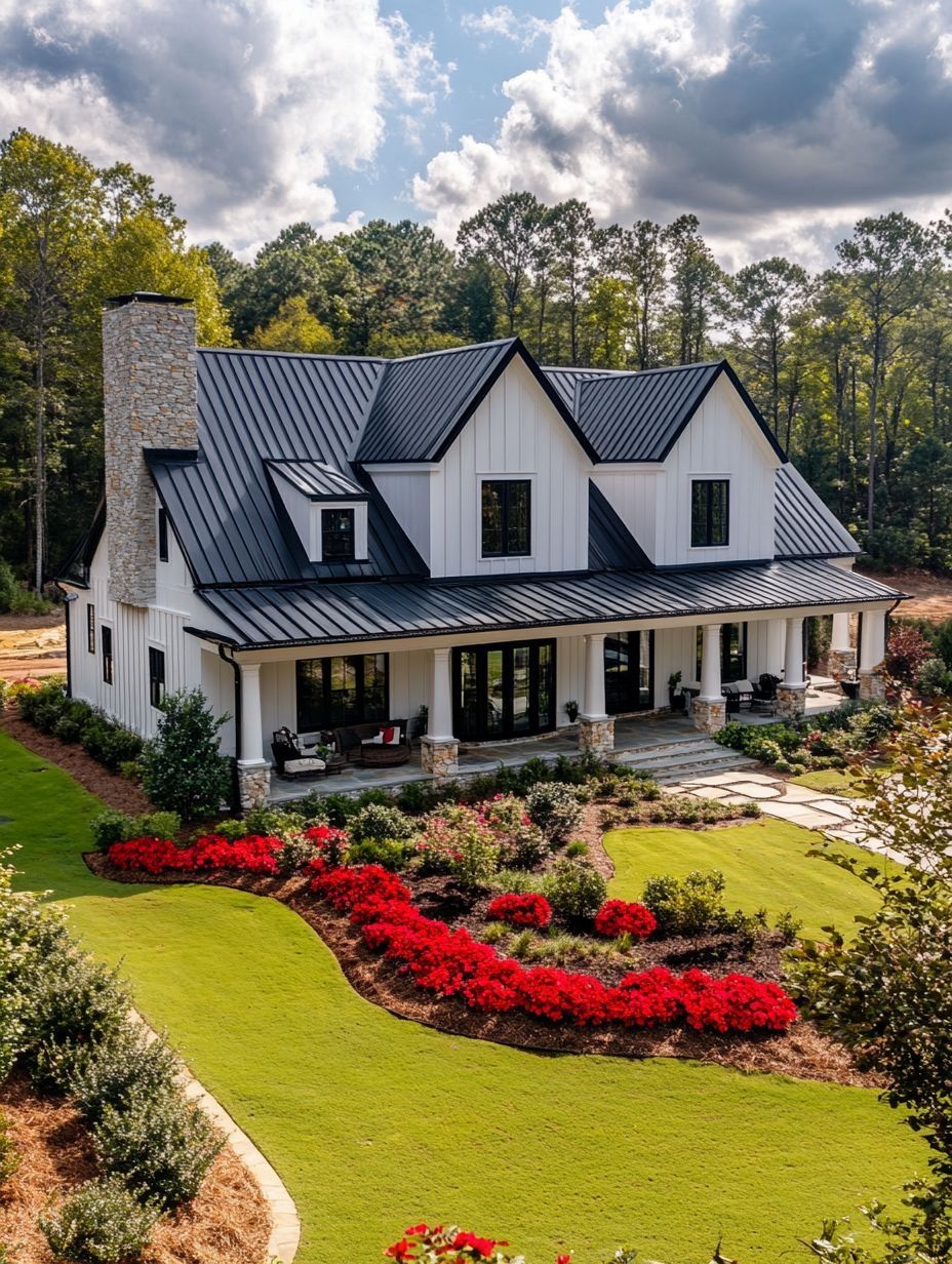 A modern farmhouse with a black metal roof, white siding, stone chimney, and a landscaped yard featuring red flowers and manicured green grass, set against a backdrop of trees.