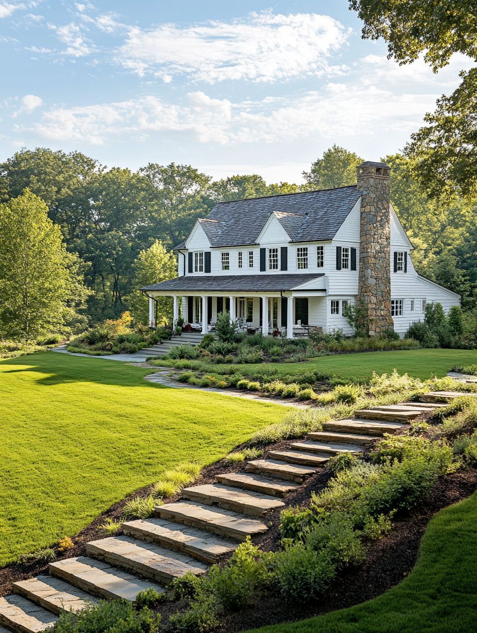 A white two-story house with a large stone chimney, wraparound porch, and landscaped gardens, surrounded by lush green lawn and trees. Stone steps lead up the hill in the foreground.