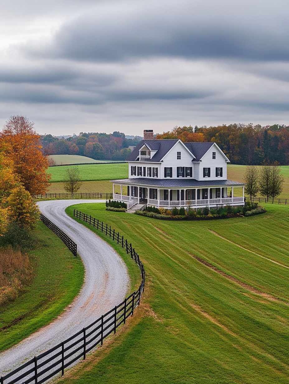 A white two-story farmhouse with a wraparound porch sits on a large, green lawn, bordered by a gravel driveway and black wooden fences, under a cloudy sky.