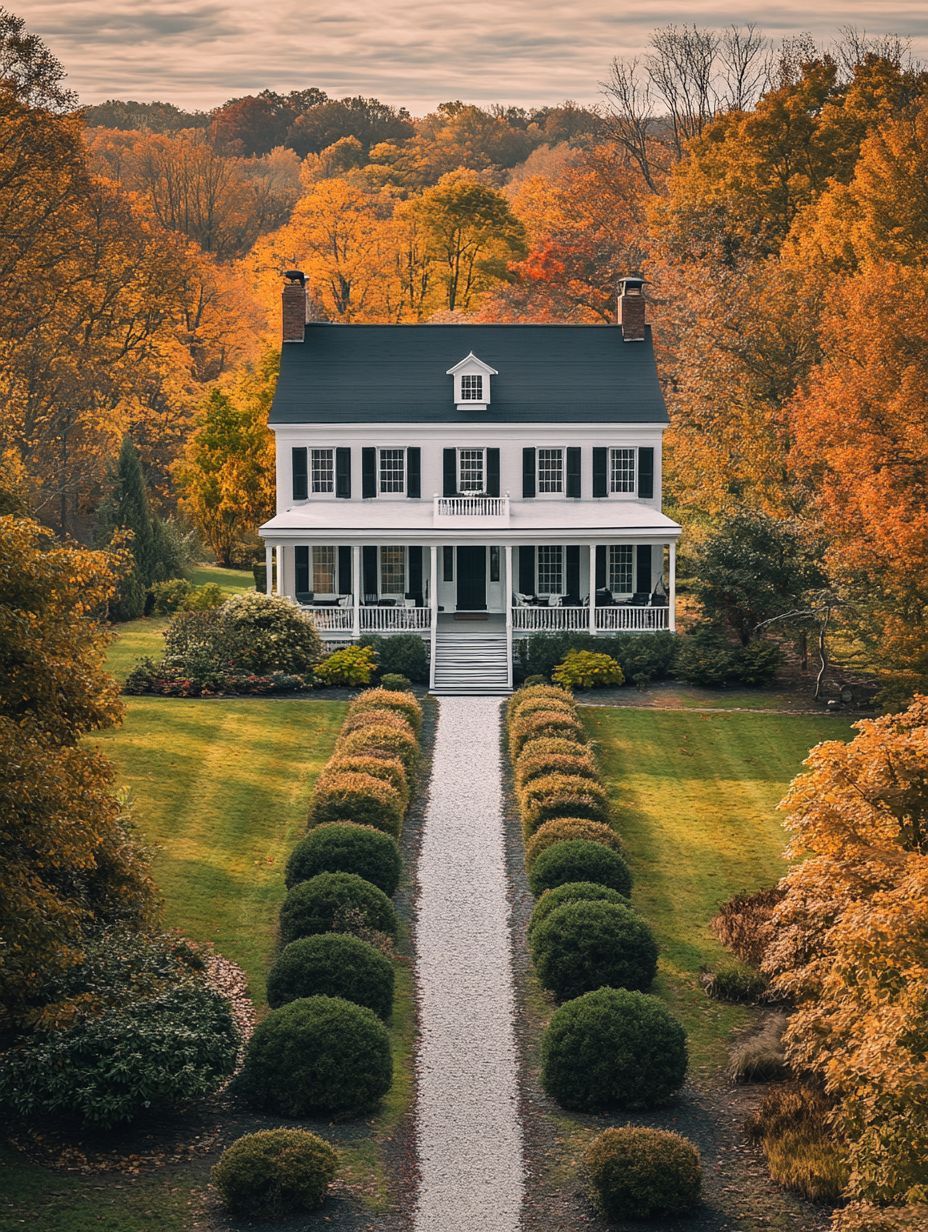 A white two-story house with black shutters and a front porch is surrounded by autumn trees and a manicured lawn with a gravel pathway leading to the entrance.