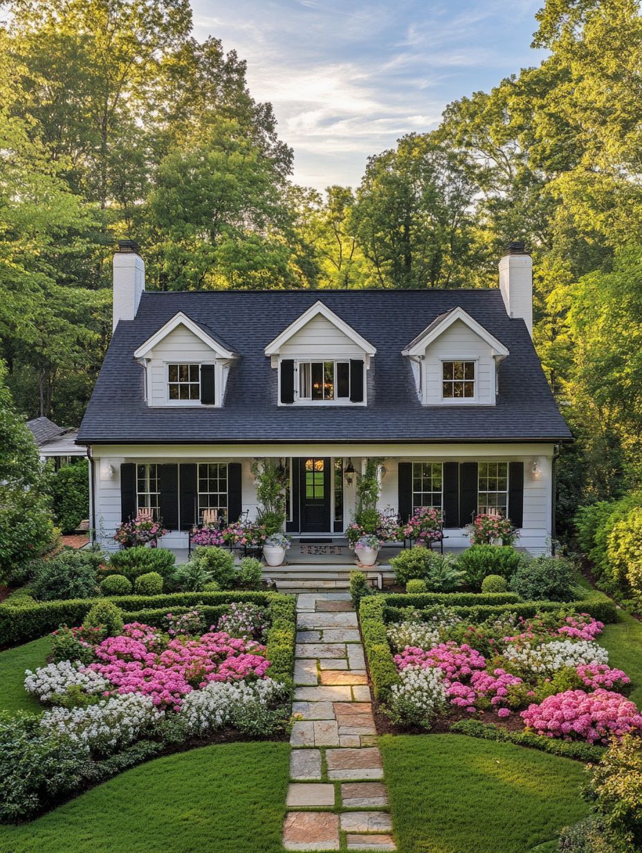 A white two-story house with black shutters and dormer windows, surrounded by manicured bushes and vibrant pink flower beds along a stone path leading to the front door.