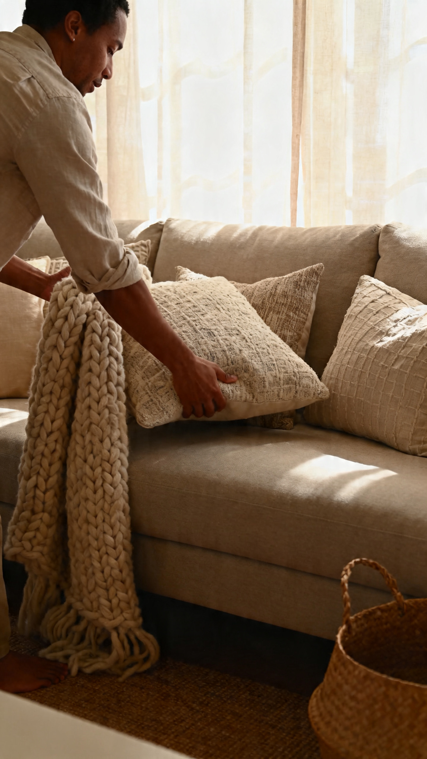 Person styling textured pillows and throw on a neutral sofa in a warm, lived-in living room