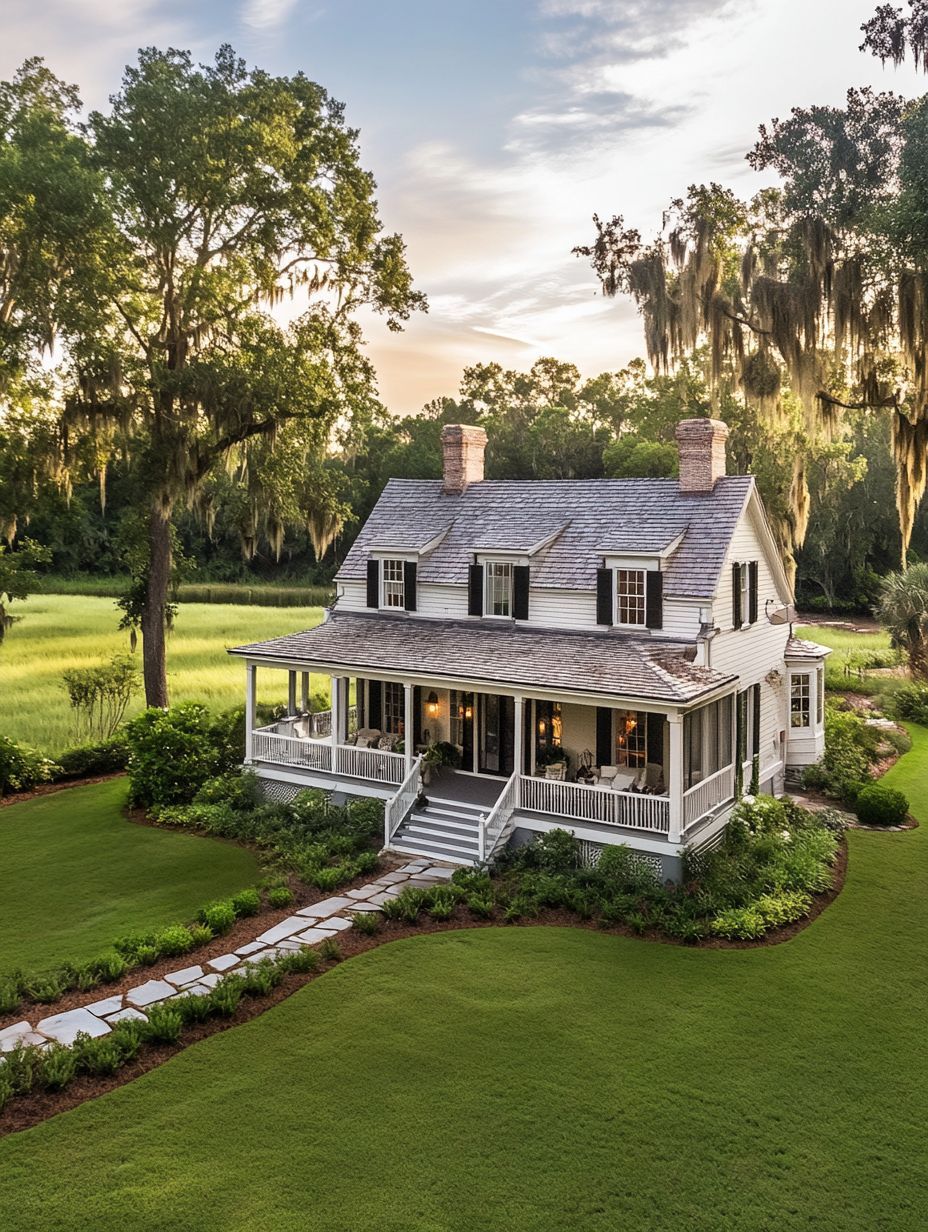 A two-story white house with a wraparound porch sits amid lush green lawns and tall trees at sunset.