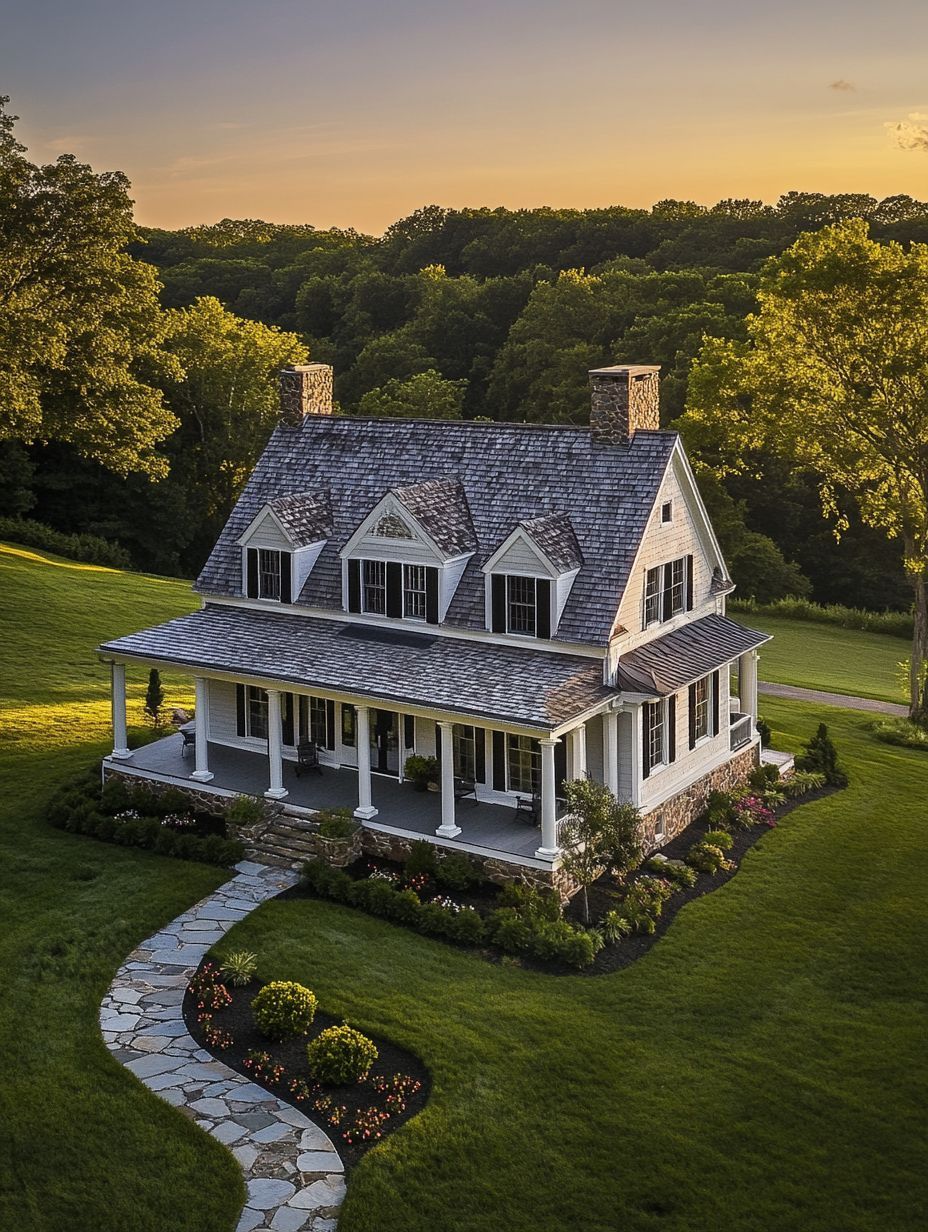 A two-story white house with a wraparound porch and stone chimney sits on a manicured lawn, surrounded by trees at sunset.