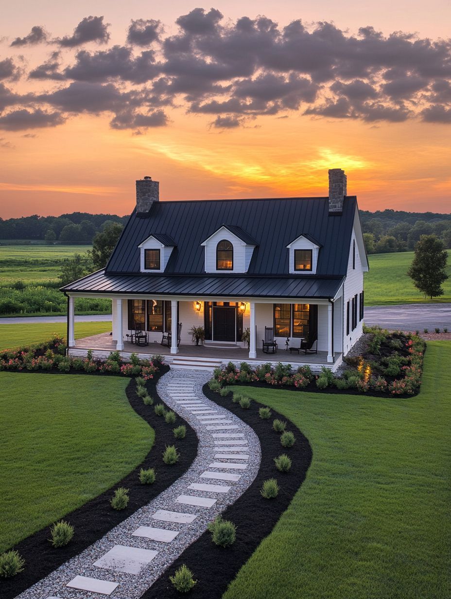 A white two-story house with a black roof and front porch sits amid a manicured lawn and garden at sunset, with a curved stone pathway leading to the entrance.