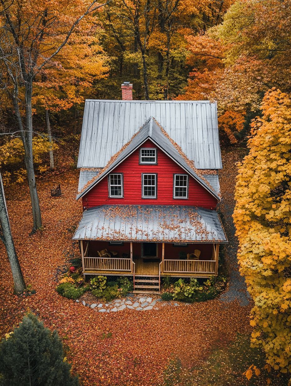 Aerial view of a red house with a gray roof surrounded by autumn trees with orange and yellow leaves covering the ground and porch.