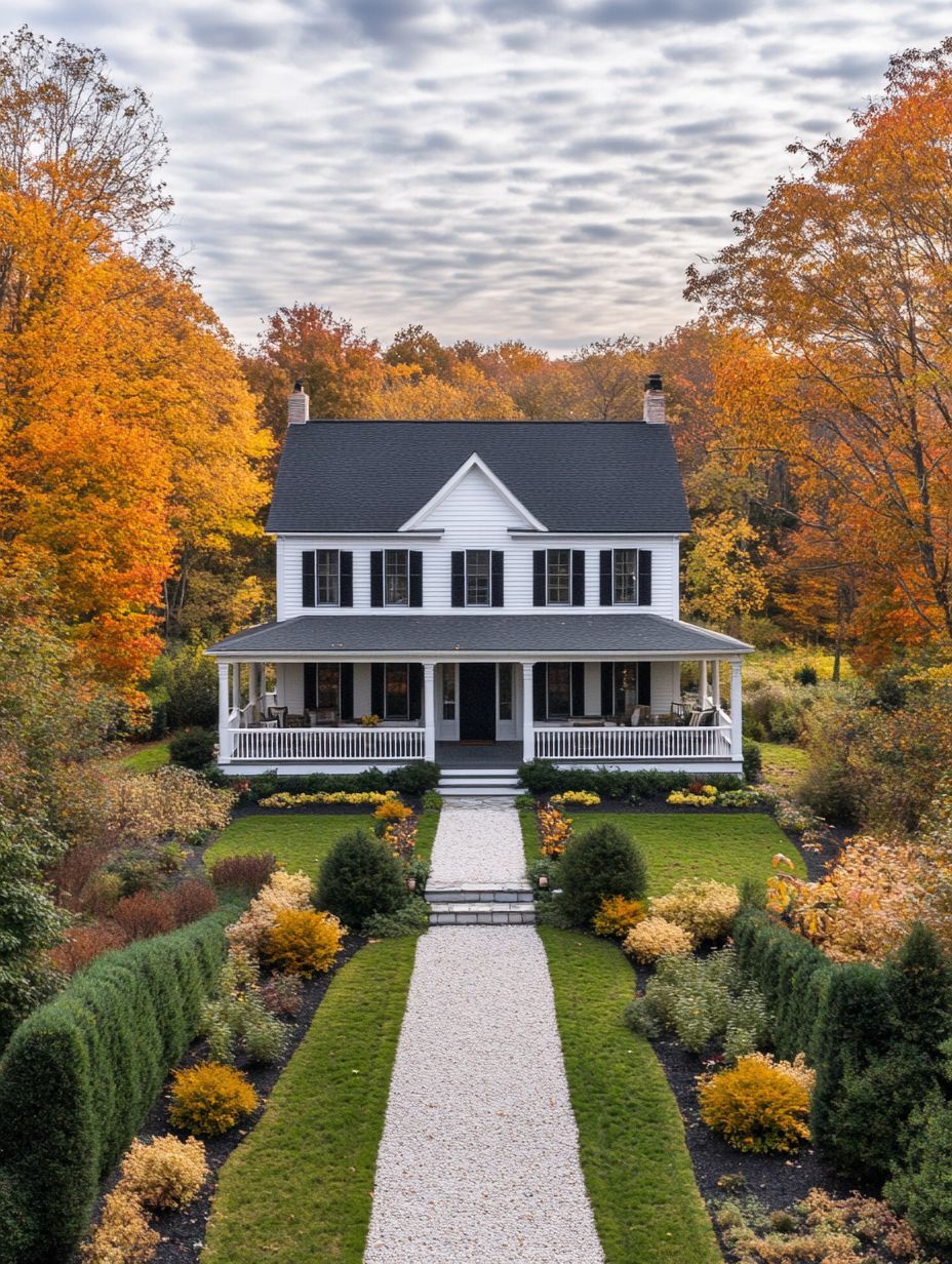 A white two-story house with a front porch, surrounded by landscaped gardens and autumn trees, with a gravel path leading to the entrance.
