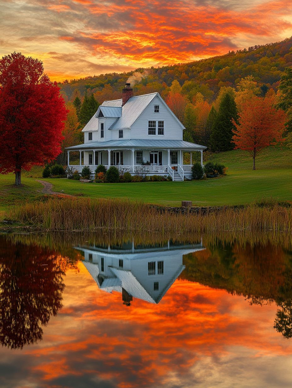 A white house with a porch stands by a pond, reflecting in the water; vibrant autumn trees and a dramatic orange sunset fill the background.