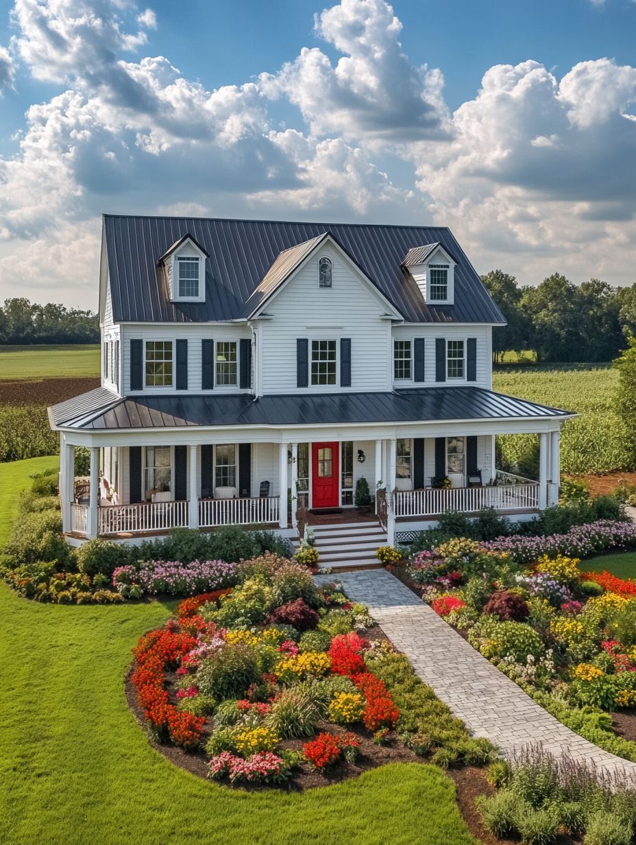 A two-story white house with a black roof, red front door, wraparound porch, and a landscaped garden with colorful flowers, set in a rural area under a partly cloudy sky.