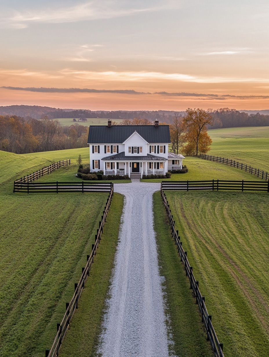 A white two-story farmhouse with a porch sits at the end of a long gravel driveway, surrounded by fenced green fields at sunset.