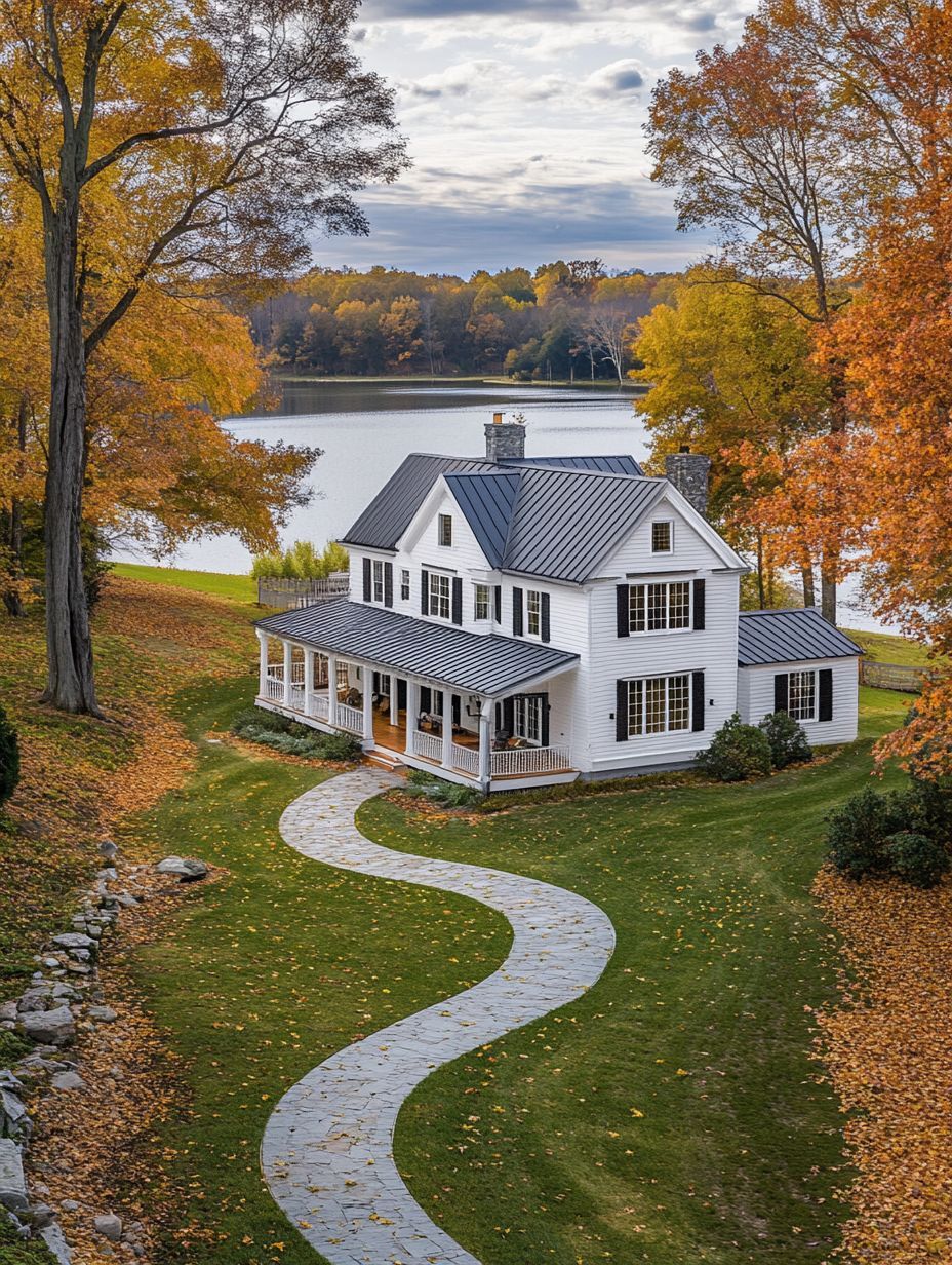 A white two-story house with a porch sits by a lake, surrounded by autumn trees and a winding stone path on a green lawn.